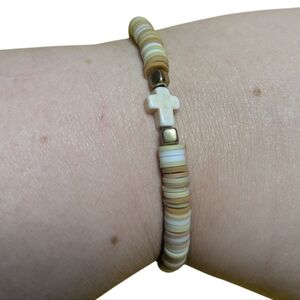 Handmade Beaded Bracelet Clay Beads Cross Charm Brown NEW